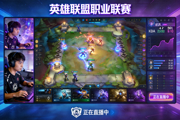 多画面电竞比赛直播界面，显示英雄联盟游戏画面